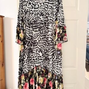 Elegant Long Sleeve Animal and Floral Print Dress